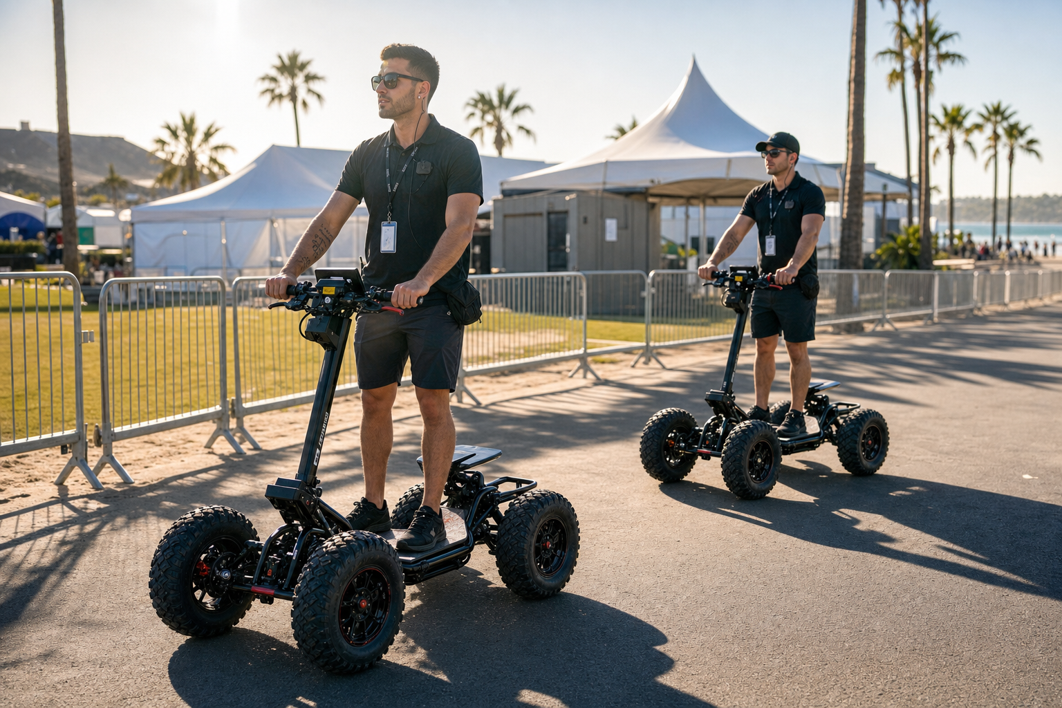 Event operations staff using EZRaider-style vehicles at a San Diego outdoor festival