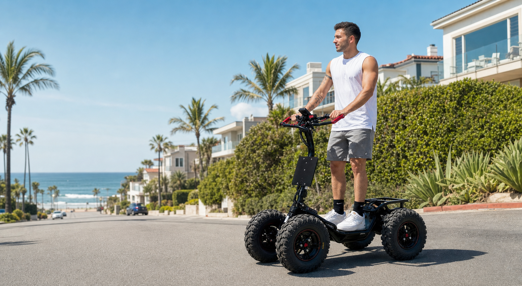 EZRaider-style electric four-wheel vehicle demonstration on a sunny San Diego coastal street