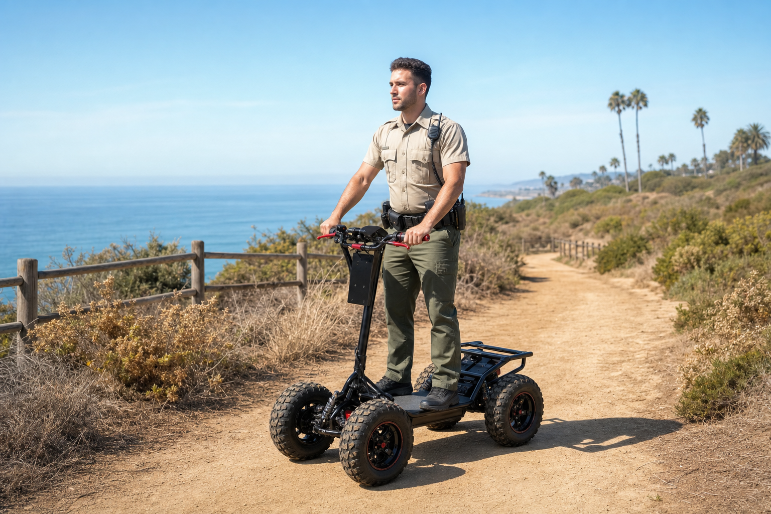 Park ranger style operator riding an EZRaider-style vehicle on a coastal San Diego trail